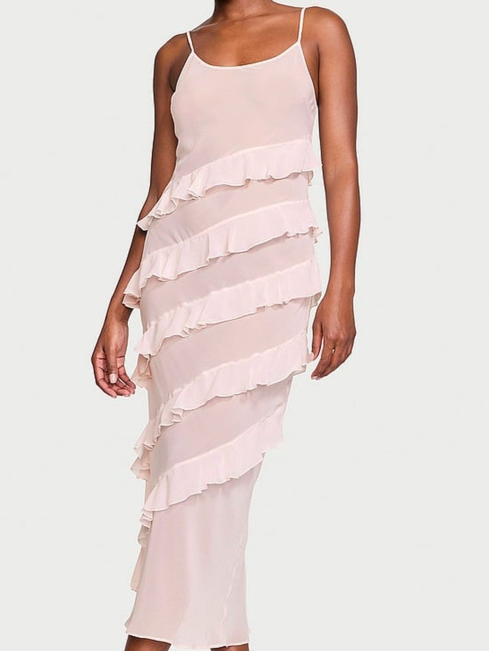 Victoria's Secret Subly Sheer Blush Cascading Diagonal Ruffles SlipDress, M, NWT